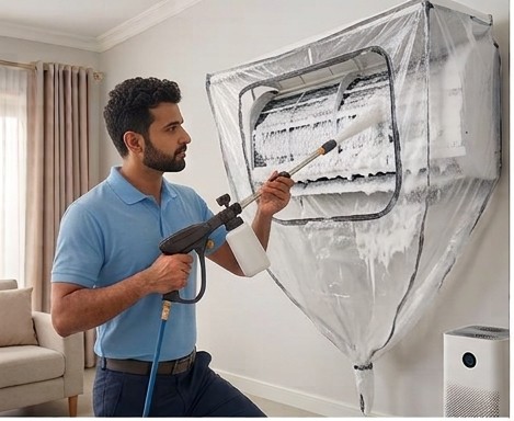 AC service technician at work