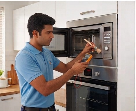 Microwave service technician at work